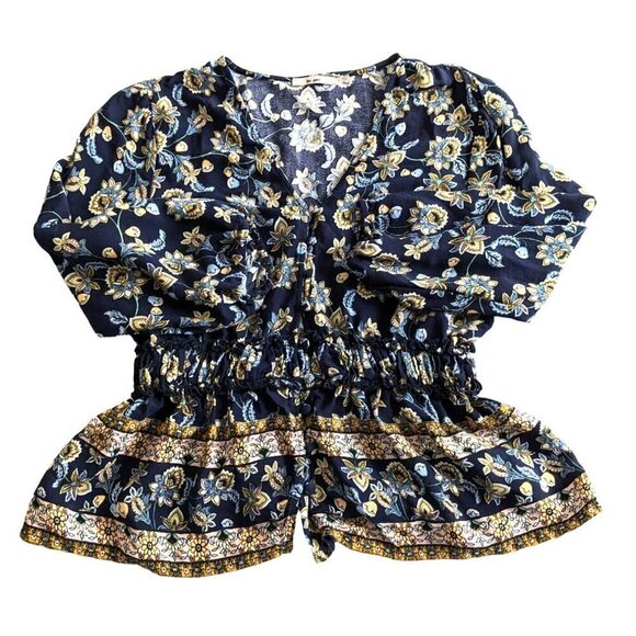 Francesca's MI AMI Blue & Yellow Floral Jacobean Peplum Peasant Top Size S - Picture 6 of 7